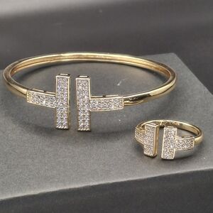 Gold Pavé Cross Accent Bracelet and Ring Set - Women Jewelry